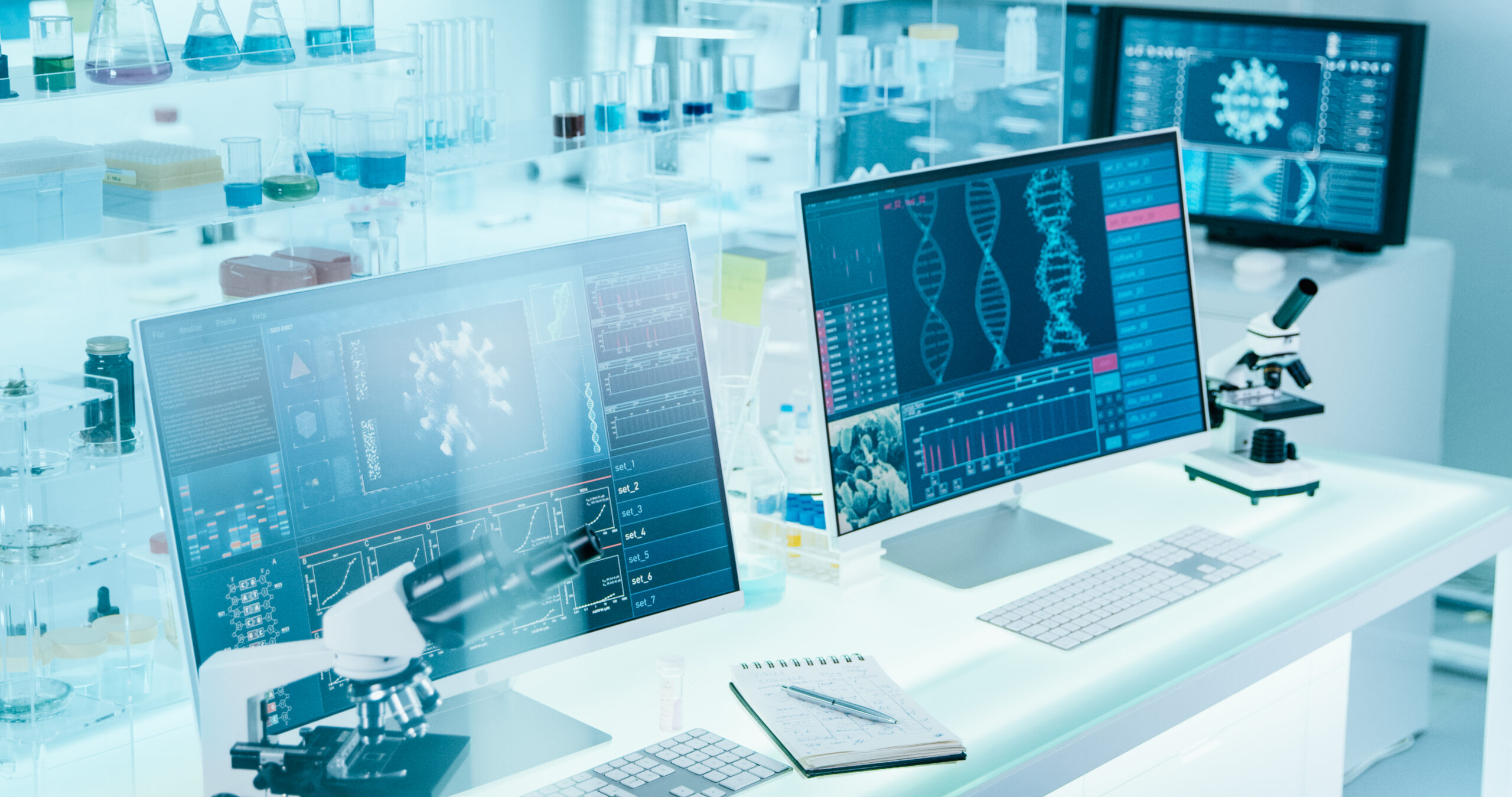 Futuristic,Laboratory,Equipment,-,Coronavirus,Testing.,Computer,Screens,In,Laboratory.